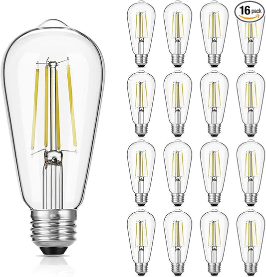 Vintage LED Edison Bulb Dimmable 60W Equivalent 750 Lumens, 6W Edison Light Bulbs Daylight White 5000K, Antique ST58 LED Filament Bulb E26 Base, CRI 90+, Clear Glass, Pack of 16