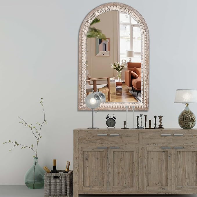 Reflinto 36x24 Inch Arched Farmhouse Mirror, Rustic Distressed Wood Wall Mirror for Bathroom Over Sink, Entryway, Living Room, Foyer Decor