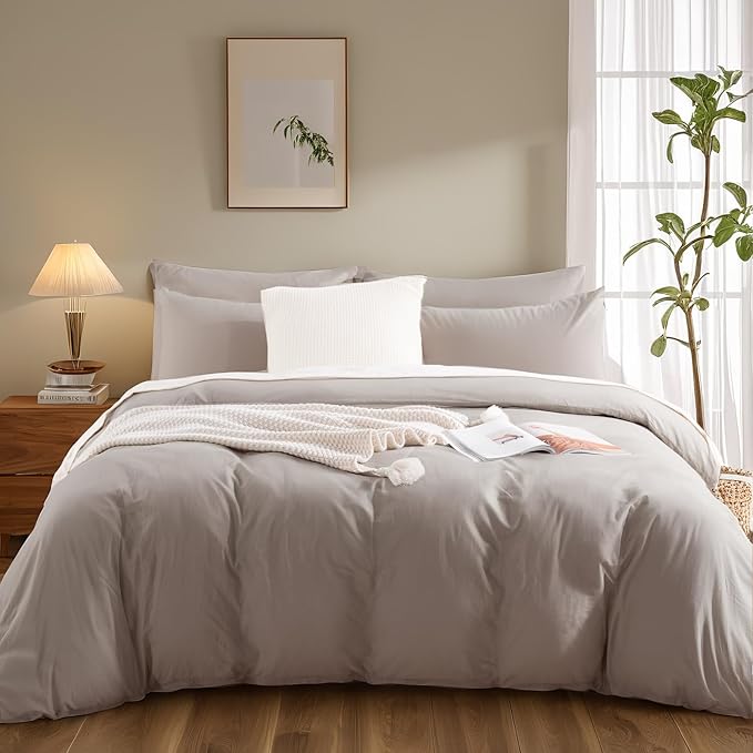 NEXHOME PRO Duvet Cover Full 100% Washed Cotton Linen Feel Textured Organic Natural 3 Pieces Bedding Set with Zipper Closure and Corner Ties, Breathable(Taupe Grey)