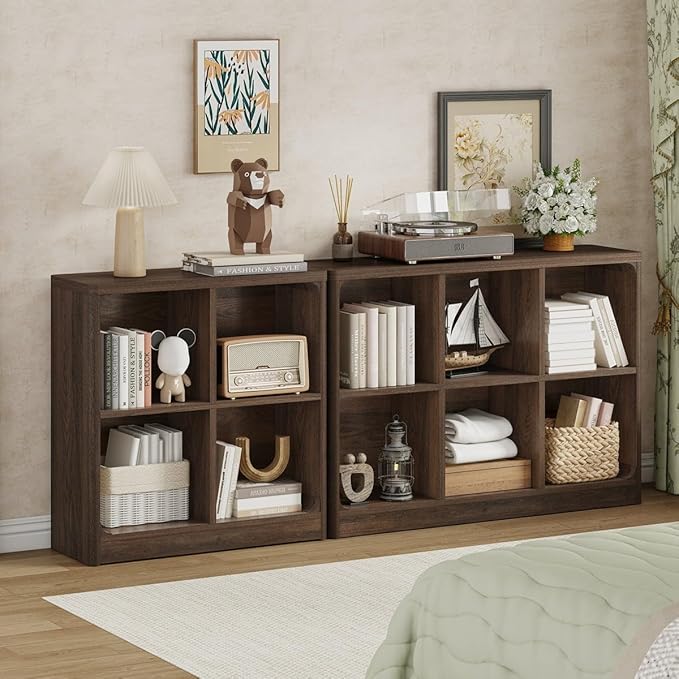 FATORRI 6 Cube Storage Bookcase, Rustic Wood Horizontal Bookshelf with Rounded Corners, Low Cube Organizer Shelf for Living Room, Bedroom, Office (Dark Walnut, 43 Inch)
