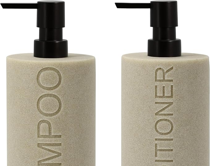 Resin 2 Pack Shampoo, Conditioner or Body Wash Dispenser Set, Luxurious Refillable Pump Bottles with Matte Pump Top and Embossed Text, Durable Design for Bathroom and Shower