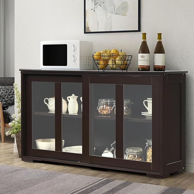 Byroce Sideboard Buffet Cabinet, Stackable Storage Coffee Bar Cabinet with Adjustable Shelf & Glass Sliding Doors, Wood Cupboard Credenza Console Table for Kitchen Dining Living Room (1, Coffee)
