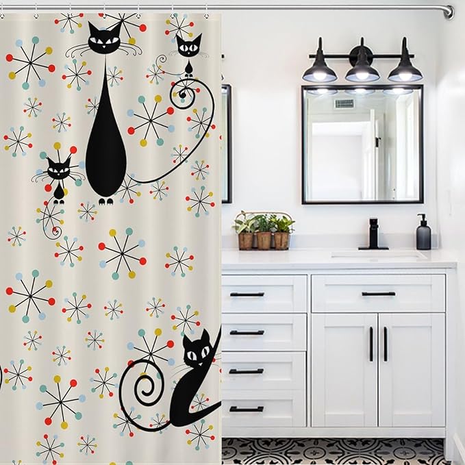Mid Century Black Cat Shower Curtain,Atomic Cat Modern Abstract Geometric Iconic Pattern 1950s Vintage Funny Decor Fabric Bathroom Curtain with Hooks 66x72in（168x183cm）