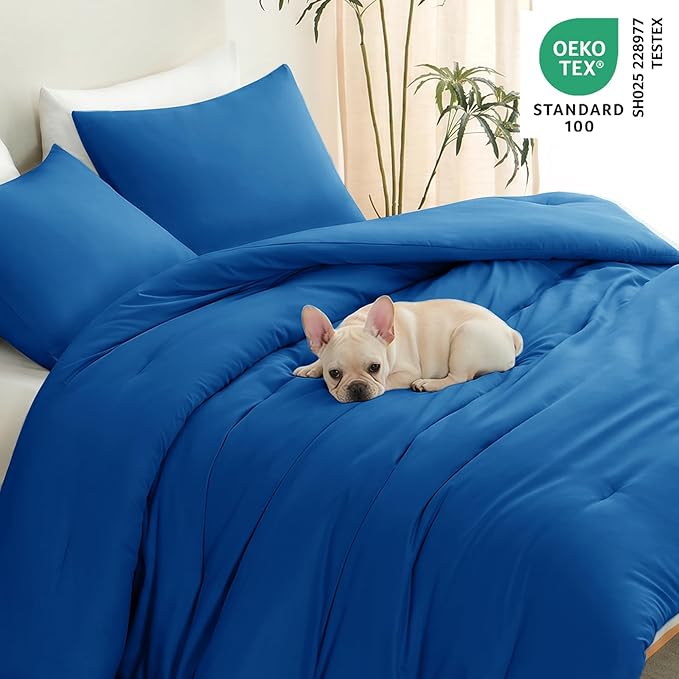 CozyLux Queen Comforter Set Classic Blue, 3 Pieces Lightweight Comforters Queen Size Bedding Sets, All Season Breathable Solid Down Alternative Comforter with 2 Pillowcases, Bed Set Gift for Home