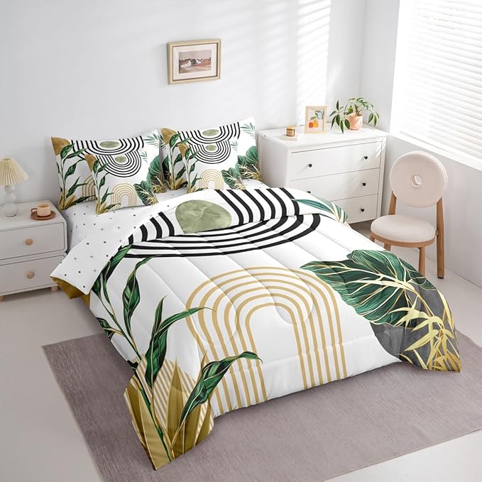 Erosebridal Boho Mid Century Bed in A Bag 7 Pcs Vintage Minimalist Art Comforter Set for Women Men Abstract Tropical Aesthetic Bedding Sets King Retro Botanical Leaves Sun Sheet Set with Comforter