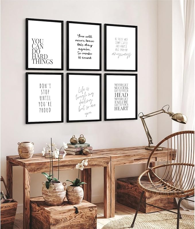 Office Inspirational Wall Art Decor Motivational Quotes Canvas Wall Art Positive Classroom Posters Pictures Office Inspirational Work Artwork for Women Home Bedroom 8x10 Inch Wood Framed Set of 6
