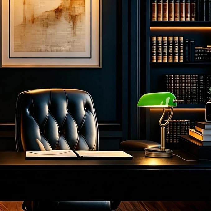 Green Glass Bankers Lamp, Retro Desk Lamp with USB Wireless Charging Port, Classic Pull Chain Switch Table lamp, for Home Office nightstand Bedside Study Desk Library