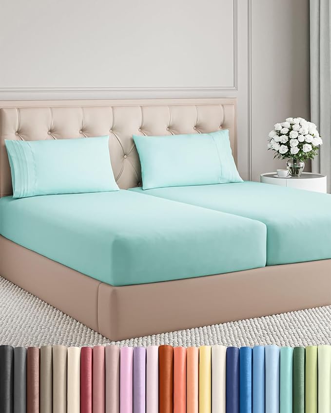 Split King Size 5 Piece Sheet Set - Comfy Breathable & Cooling Sheets - Hotel Luxury Bed Sheets for Women & Men - Deep Pockets, Easy-Fit, Soft & Wrinkle Free Sheets - Spa Blue Oeko-Tex Bed Sheet Set
