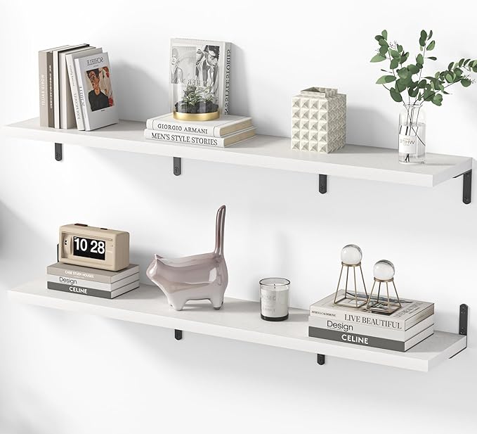 Marsmiles Extra Wide Floating Shelves for Wall, 48x8 Inch Natural Wood Grain Bookshelves, Heavy Duty Mounted Shelving for Bathroom, Kitchen, Living Room, Bedroom,Set of 2，White
