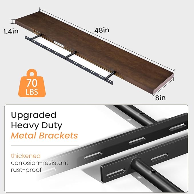 48 Inch Floating Shelf for Fireplace Mantel - 8 Inch Deep Rustic Solid Pine Wood Wall Shelf - Farmhouse Style Shelf with Heavy-Duty Metal Brackets - 48"W x 8"D - American Walnut, Set of 1