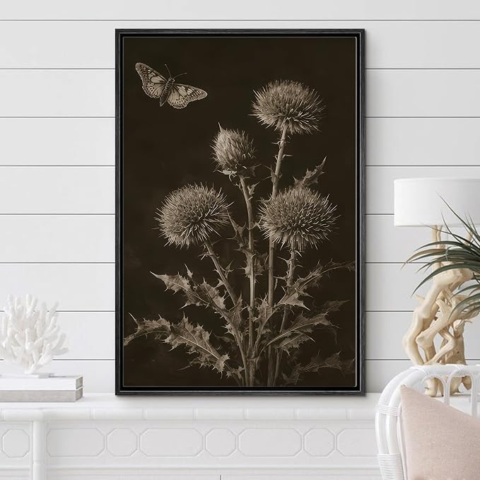 Woodrose Framed Canvas Print Wall Art Sepia Botanical Thistle with Butterfly Vintage Illustrations Modern Art Minimalist 3D Colorful Ultra for Living Room, Bedroom, Office - 16"x24" BLACK