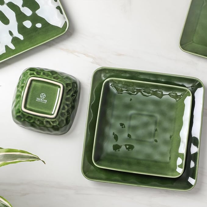 vicrays Ceramic Square 12 Pieces Dinnerware Set - Dinner Plates Salad Plates Cereal Bowls Set Service for 4 - Scratch Resistant Microwave Oven Dishwasher Safe - Green