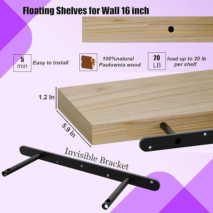 IAE Floating Wall Shelves 16 inch,Bathroom Shelf Wall Mounted,Invisible Shelf Floating Kitchen Shelves,Wooden Wall Shelving with Brackets for Living Room Wall Mounted,Easy Install,Set of 2,Natural