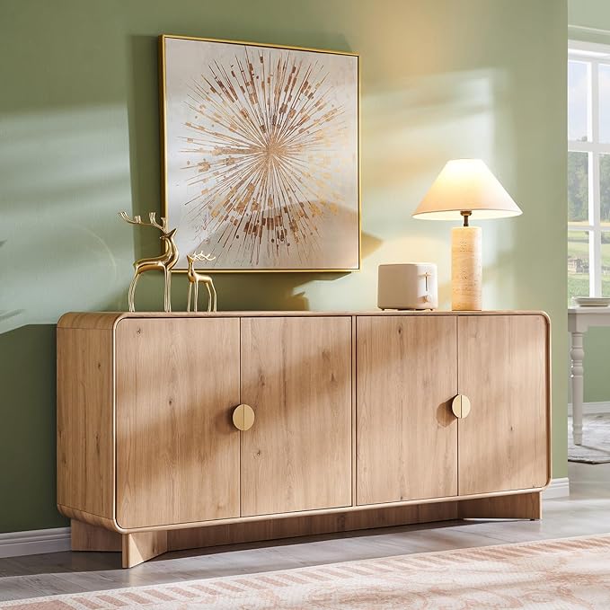 Modern Buffet Cabinet with Storage, 70" Large Sideboard Buffet Storage Cabinet with 4 Doors and Adjustable Shleves, Wooden Curved Coffee Bar for Dining Room, Kitchen, Living Room, Natural Oak