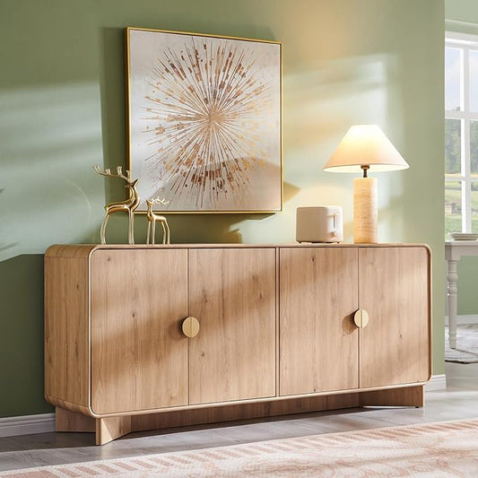 Modern Buffet Cabinet with Storage, 70" Large Sideboard Buffet Storage Cabinet with 4 Doors and Adjustable Shleves, Wooden Curved Coffee Bar for Dining Room, Kitchen, Living Room, Natural Oak