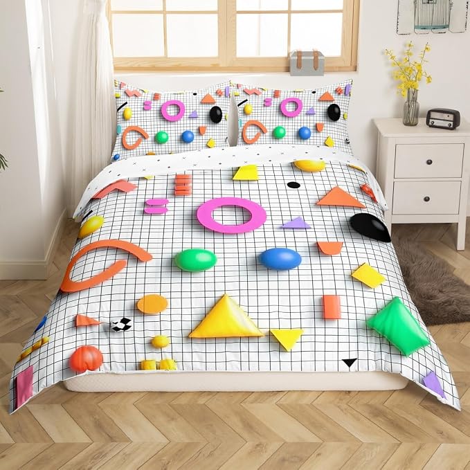 Memphis Style Duvet Cover Full Abstract Colorful Design with Dots Funky Bedding Set for Kids Child Girls Vintage Eighties Comforter Cover Memphis Fashion Bed Sets 80'S Style Retro 1980s Home Decor