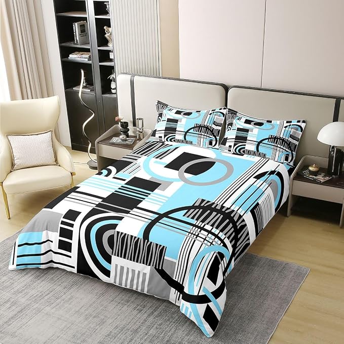 Erosebridal Art Deco Mid Century Duvet Cover Set Retro Modern Abstract Geometric 100% Cotton Comforter Cover Black and White Sky Blue Circles Stripes Full Size Bedding Sets, Contemporary Bed Set