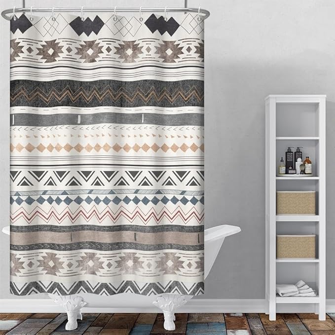 Retro Boho Geometric Shower Curtain for Bathroom Brown Aztec Pattern Bathtub Curtains Vintage Abstract Aesthetic Bathroom Decor Set Washable Waterproof Polyester Fabric with Hooks 36x72 Inch