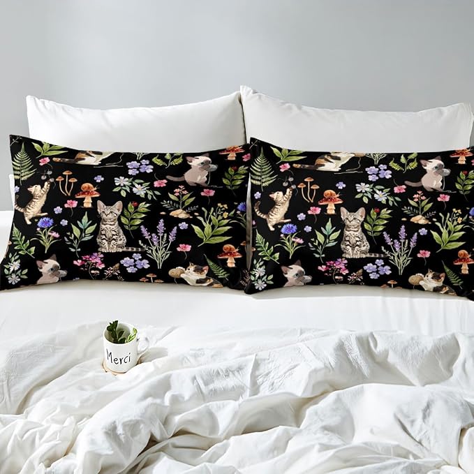 Erosebridal Cute Cat Comforter Cover Full Kitten Cat Lovers Bedding Set Black Boho Watercolor Floral Duvet Cover for Kids Girls Boys Adults Funny Pet Animal Bed Set
