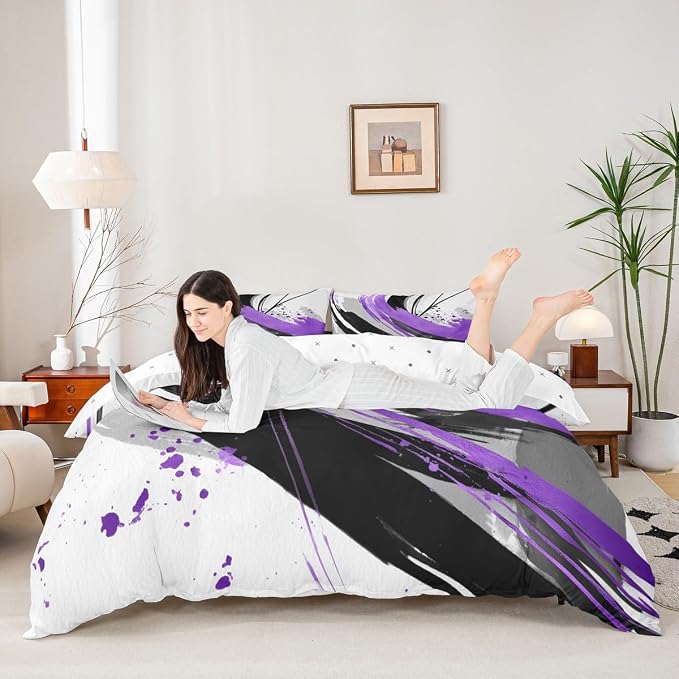 Erosebridal Black and Purple Duvet Cover | Geometric Striped Bedding Sets for Girls Modern Contemporary Art Bed Set Boys Adults Boho Minimalist Aesthetic Art Bed Cover King 3 Pieces