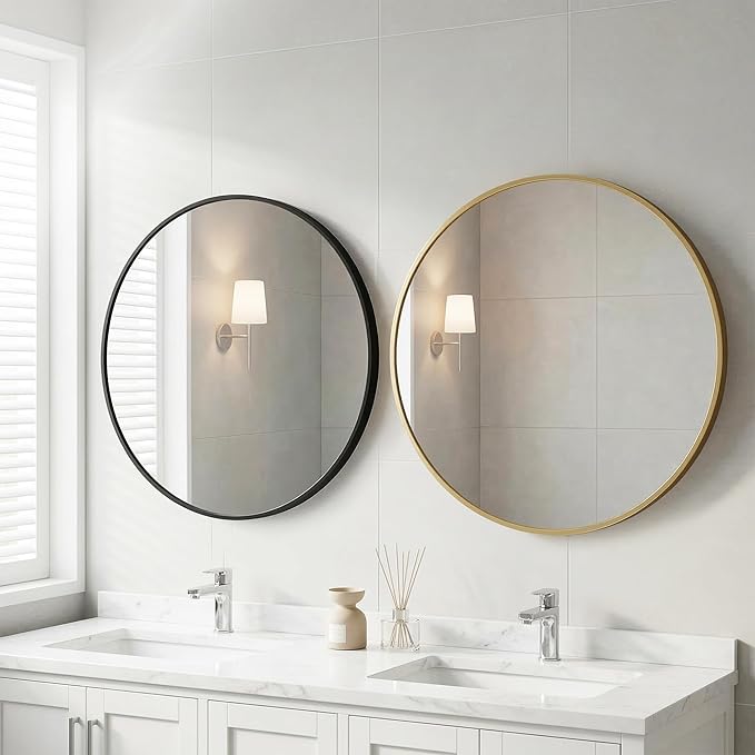 Sweetcrispy Round Bathroom Mirror for Over Sink, 28 Inch Wall Mounted Vanity Mirror with Matte Metal Frame, Decor for Bathroom, Entryway, Bedroom, Gold