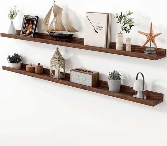 Axeman Oak Picture Ledge Shelf, 55 Inch Floating Shelves Set of 2, Solid Oak Wood Wall Shelves with Lip, Wall Decor Storage for Bedroom Living Room Bathroom Kitchen Nursery Photo Picture, Walnut