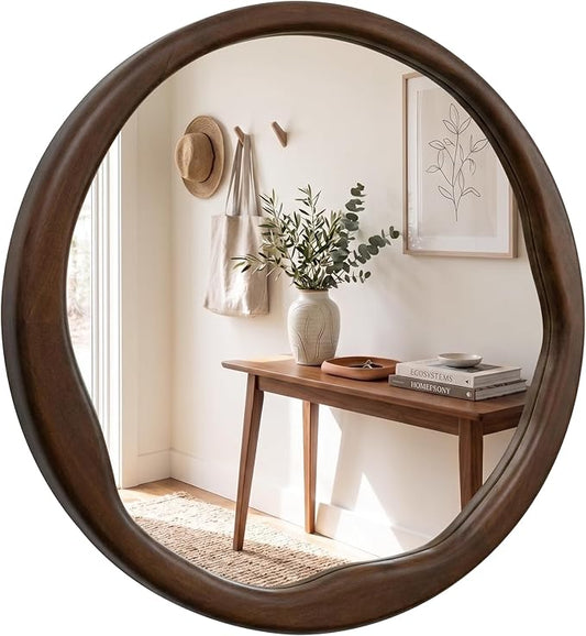Dark Walnut Round Wall Mirror 24 Inch, Solid Wood Framed Mirror with Asymmetrical Wavy Inner Edge for Entryway, Organic Decor for Hallway & Bathroom