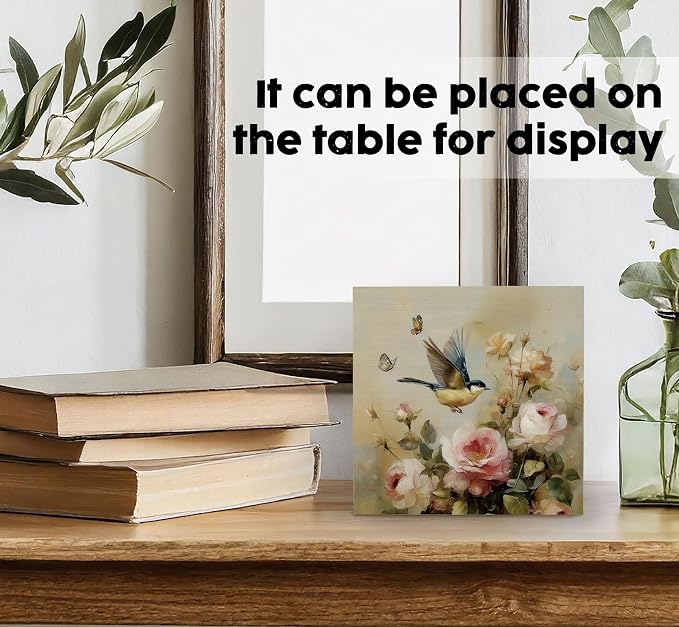 Vintage Floral Bird Decor Signs, Bird Gifts for Women Men Lover, Neutral Cottagecore Botanical Flower Wooden Box Sign for Home Bedroom Desk Table Shelf 5x5 Inch