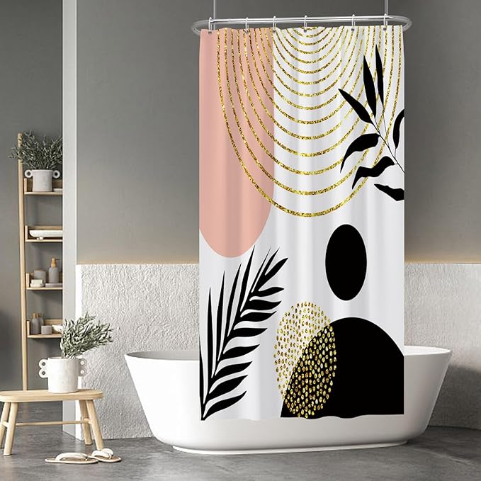 Baocicco Mid Century Shower Curtain Boho Sun Plant Leaves Modern Abstract Gold Geometric Shower Curtains for Bathroom Bathtubs Waterproof Fabric Shower Curtain with Hooks 36x72 Inches