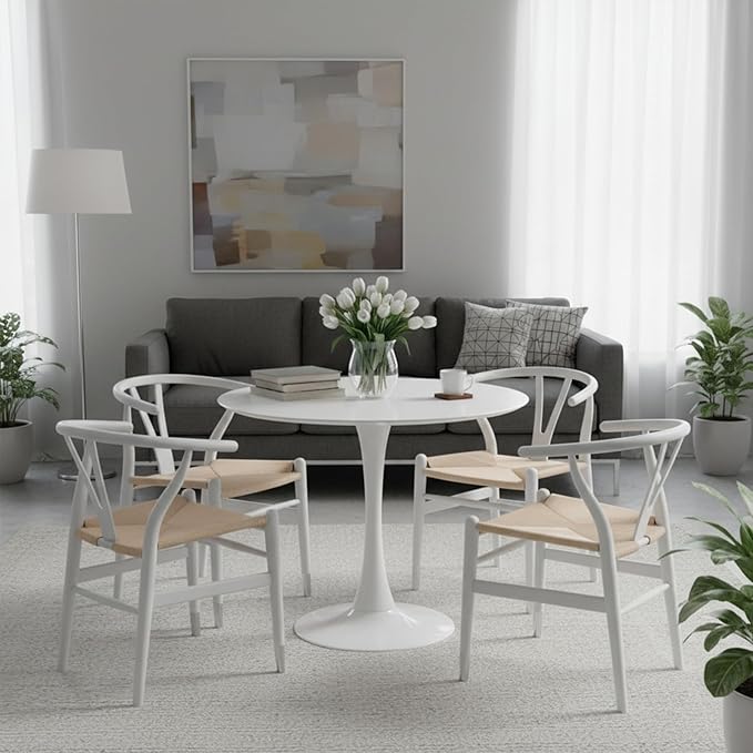 32" White Round Dining Table, Mid-Century Modern Circular Tulip Table with Thickened Top & Sturdy Metal Pedestal, Small Round Bistro Kitchen Table for for 4 People, Easy Assembly