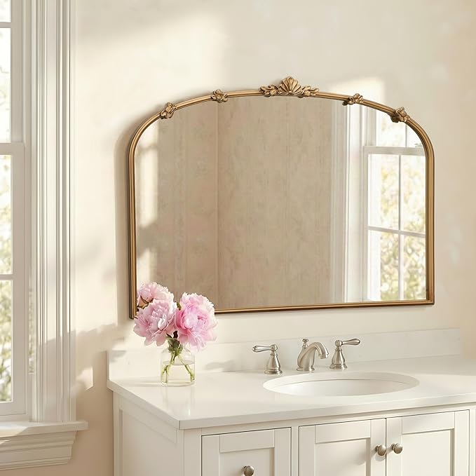 Besdomus Large Vintage Gold Mirror: 40"x30" Traditional Ornate Arched Mirror - French Baroque Antique Mirrors for Wall/Mantel/Bedroom/Entryway/Bathroom/Hallway - Home Decor for Fashion-Conscious
