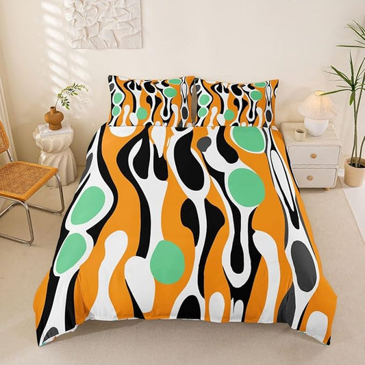 Erosebridal Organic Abstract Duvet Cover Set Modern Contemporary Full Size Bedding Sets for Child Boys Boho Mid Century Wavy Lines Comforter Cover Retro Geometric Bed Set,Orange Green