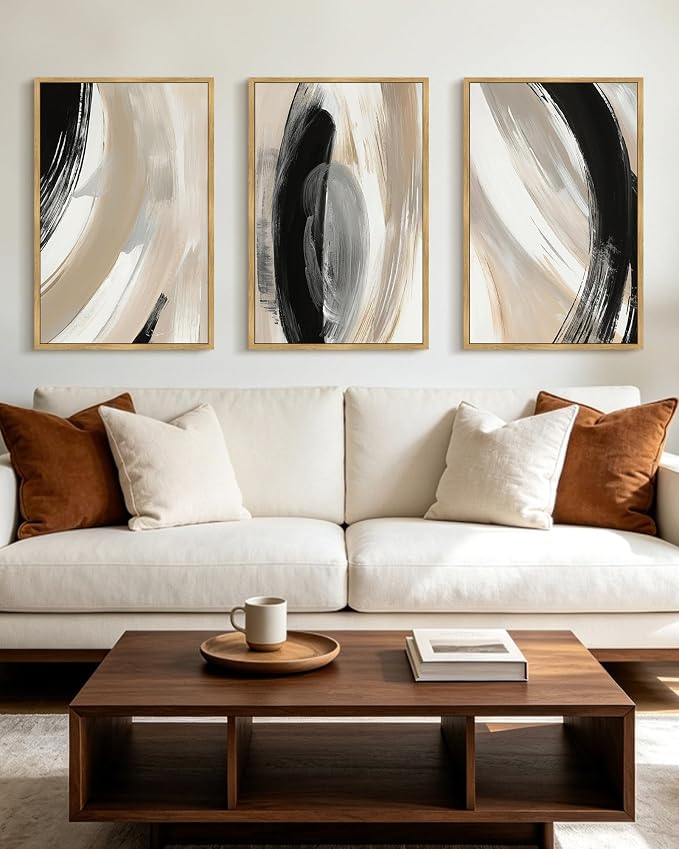 KUVIOKE Modern Abstract Framed Wall Art Black Neutral Minimalist Ink and Wash Graffiti Pastel Wall Decor for Bedroom Living Room 24x36in (Natural Framed)