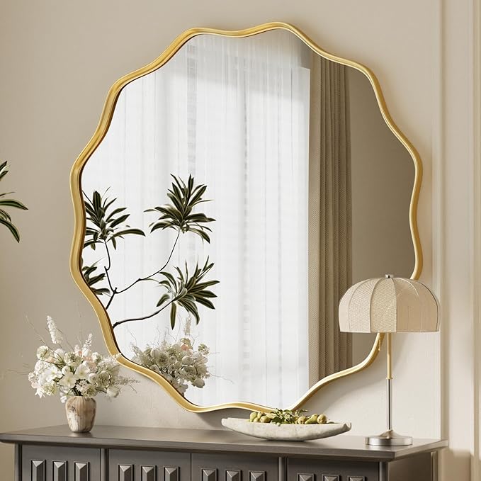 VooBang Gold Scalloped Circle Mirror, 36" Wavy Edge Round Wall Mirror with Tempered Glass Textured Circular Metal Deep Frame, Hanging Leaning for Bathroom, Hallway, Entryway, Livng Room