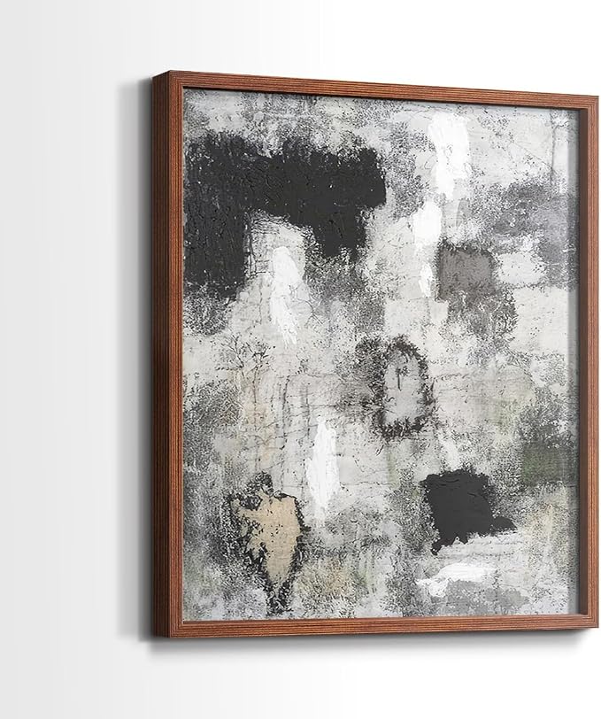 Renditions Gallery Set of 2 Peel & Stick Framed Prints, Abstract Wall Art, Hand Painted Black and White Pattern Wall Decor, Re-Stickable - Ready to Hang - 16"x20" - Walnut Frame LT588