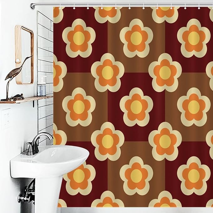 Bohemia Orange Brown Flowers Shower Curtain Funky Retro Lattice Floral Hippie Mid Century Aesthetic Washable Waterproof Fabric for Bathroom Decor Bathtub with 12 Hooks 55x72in（140x183cm）