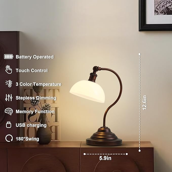 Cordless LED Table Lamp, 180° Swing Arm Desk Lamp, Rechargeable, Dimmable/3 Color/Memory Function, Vintage Rechargeable Table Light for Living Room,Bedroom,Bedside, Oil Rubbed Bronze