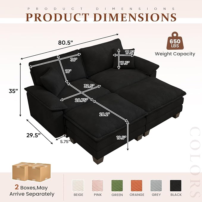 Modular Sectional Sofa Cloud Couch, Comfy Corduroy Loveseat with Ottoman Upholstered Deep Seat Sleeper Sofa Bed 2 Seater Couch Oversized Chaise Lounge Chair Indoor for Living Room Bedroom, Black