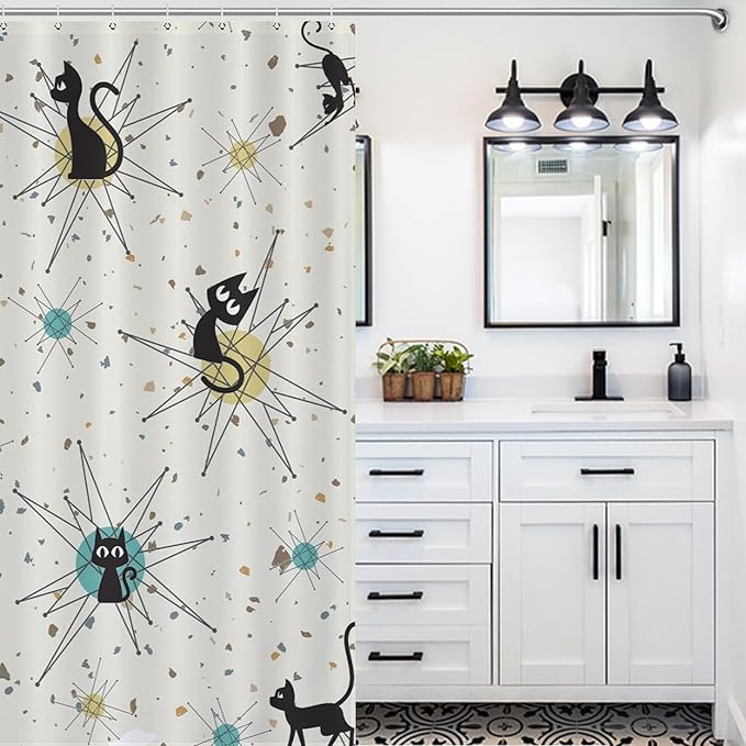 Vintage Mid Century Cats Shower Curtain Black Cat Retro Diamond Atomic 1950s 1960s Abstract Geometric Simple Waterproof Shower Curtains for Bathroom Decor 12 Pack Hooks 66x72in（168x183cm