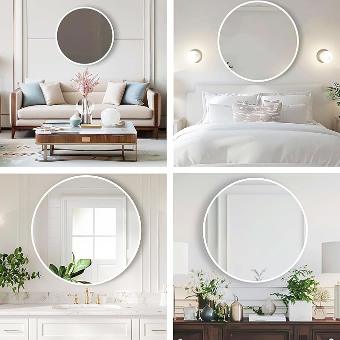 White Round Mirror, 28 Inch White Circle Mirror, Metal Frame Round Wall Mounted Mirrors for Bathroom, Living Room, Bedroom, Entryway, Vanity