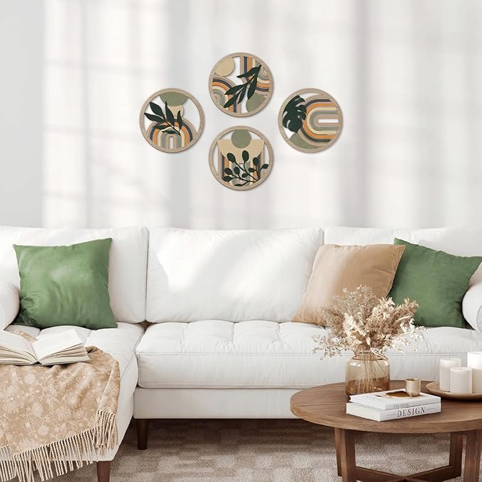 TOARTi 4Pieces Boho Botanical Wooden Wall Art Abstract Bohemian Hanging Sign Farmhouse Geometric Neutral Round Wall Decor Mid Century Minimalist Aesthetic Plant Artwork for Bedroom Living Room Office Decor