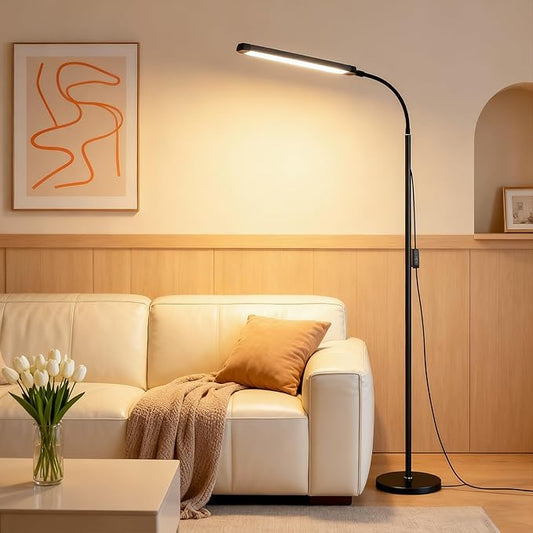 Bright 12W LED Flicker-Free Eye Protection Dimming Floor Lamp,3000-6000k,Gooseneck adjustable Standing Reading Lamp for Living Room Bedroom Bedside Office Classroom Task Craft, Black Modern Light
