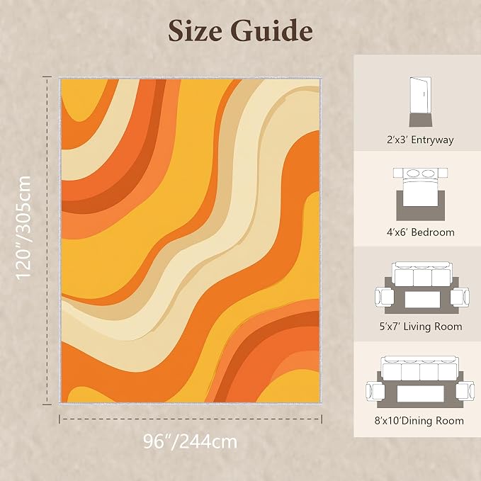 Sunset Flow Area Rug 8x10, Modern Abstract Wave Rug, Retro Orange Neutral Carpet for Living Room Bedroom, Soft Non Slip Washable Rug