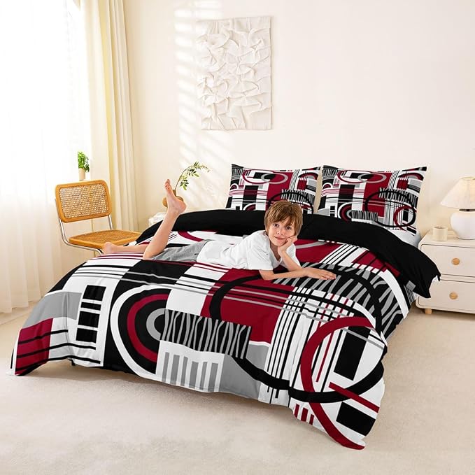 Erosebridal Art Deco Mid Century Duvet Cover Set Retro Modern Abstract Geometric Queen Bedding Set for Toddler Boys Black and White Burgundy Circles Stripes Comforter Cover Contemporary Bed Sets
