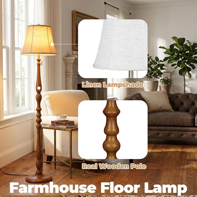 LALISU Wood Floor Lamp for Living Room,Farmhouse Standing Lamp with Remote & Dimmable 9W Bulb, Mid Century Standing Tall Lamps for Bedroom Corner Floor Lamps for Nursery, Office, Reading (Walnut)