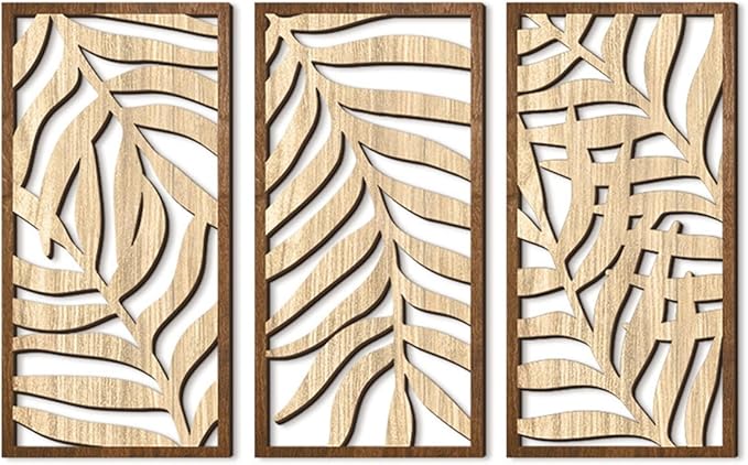 3 Pcs Tropical Leaf Wood Wall Art Decor, Wooden Minimalist Wall Hanging Decor, 3D Hollow Carved Craft Art Set, Boho Abstract Wall Sculptures Panels Decoration for Home Living Room Bedroom Kitchen (C)