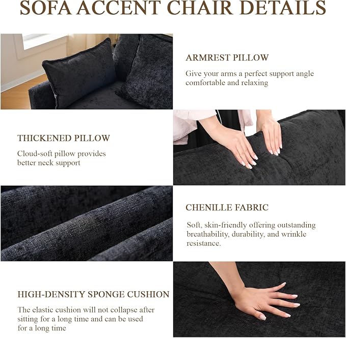 Oversized Accent Chair with Ottoman, Chenille Cloud Single Sofa Upholstered Double-Layer Seat Lounge Armchair with Pillows for Living Room Reading Apartment, Black
