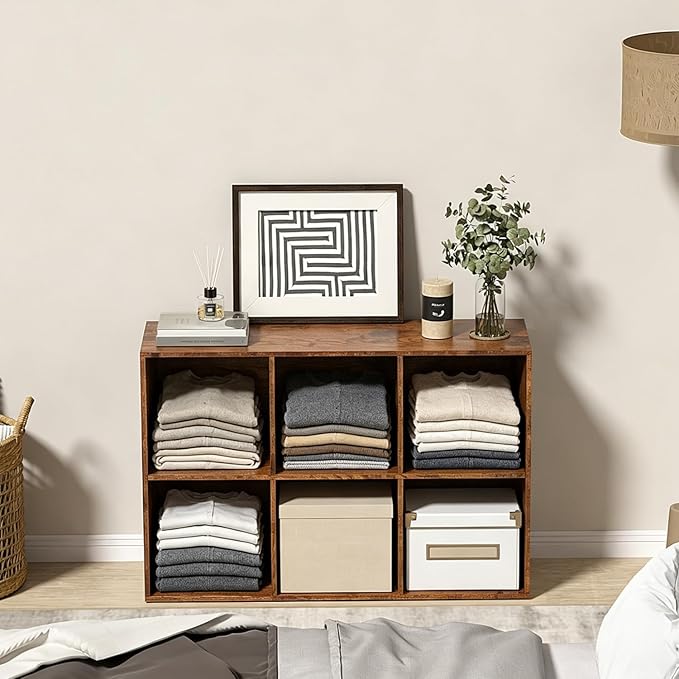Wooden 6 Cube Storage Organizer with Closed Back Panel,Retro Brown Cube Shelf Cubby Storage Organizers with Compartments for Living,Bookshelf,Organizers Easy to Install (Retro Brown, 6 Cube)
