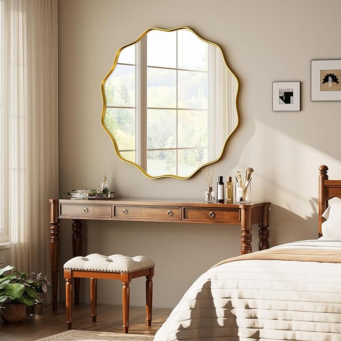 Round Wavy Mirror - 24 Inch Bathroom Vanity Mirror Metal Frame Circle Wall Mounted Mirror for Bedroom Living Room Entryway, Gold