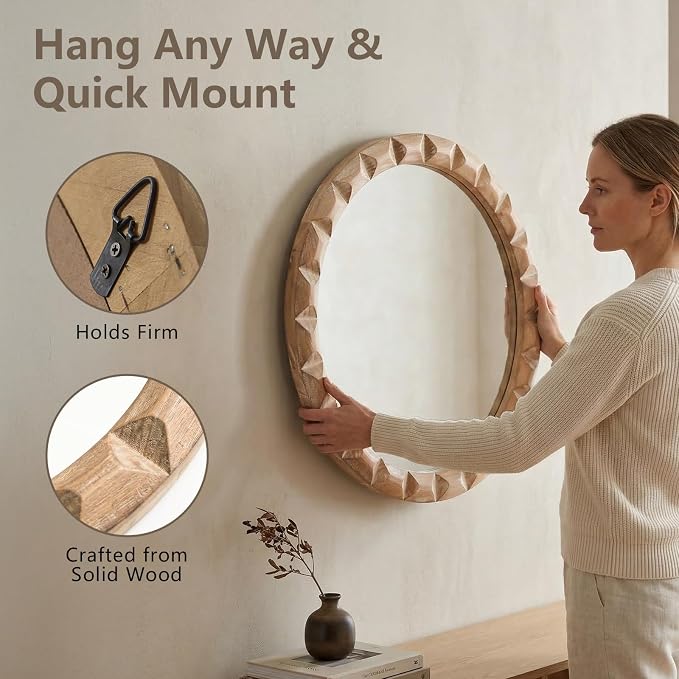 Solid Wood Wall Mirror, 24 Inch Round Hand-Carved Pine Wood Frame Circle for Wall Decor, Rustic Farmhouse Mirror for Bathroom, Living Room, Entryway, Natural Wood